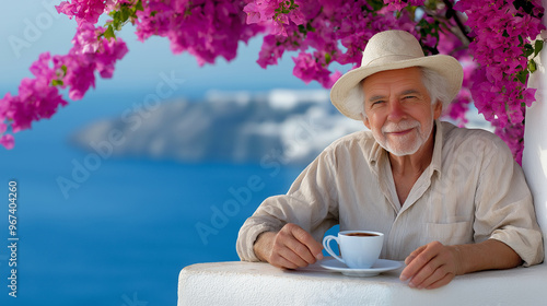 An elderly man enjoying a cup of coffee on a terrace overlooking the sea in a remote Greek village, with whitewashed walls and vibrant bougainvillea surrounding him, the peaceful s photo