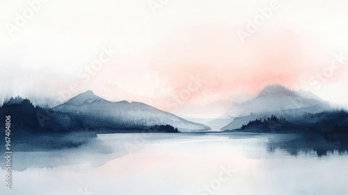 A serene watercolor landscape featuring soft mountains reflecting on a calm lake during sunrise, evoking tranquility and peace.