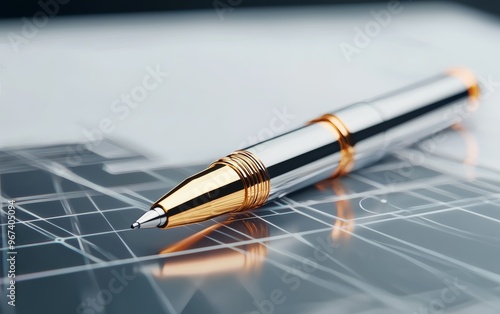 Sleek mechanical pen on blueprint table, glowing reflections, detailed design, 3D illustration photo