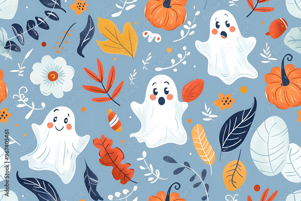Cute cartoon ghosts and pumpkins, a Halloween background pattern with leaves and flowers, Generative AI Cute cartoon ghosts and pumpkins, a Halloween background pattern with leaves and flowers, Generative AI