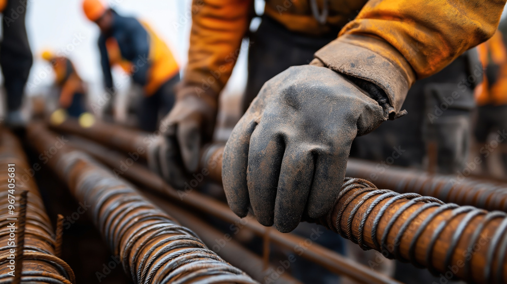 Close-up of a construction worker's gloved hand gripping a rusty rebar on a construction site. Other workers in safety gear are seen working in the background. Close-up of a construction worker's gloved hand gripping a rusty rebar on a construction site. Other workers in safety gear are seen working in the background.