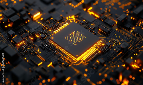 Glowing circuit board chip, black and gold color scheme, top view, high-tech effect
