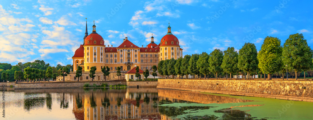 Naklejka premium Moritzburg Castle is a Baroque palace surrounded by a lake.