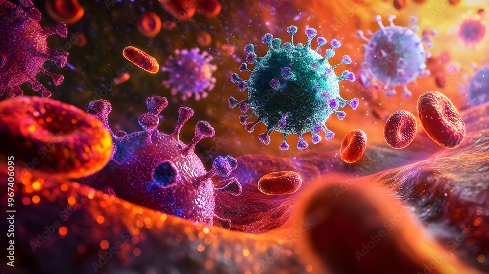 A detailed digital illustration showing a virus navigating through the human bloodstream and interacting with various cells. A detailed digital illustration showing a virus navigating through the human bloodstream and interacting with various cells.