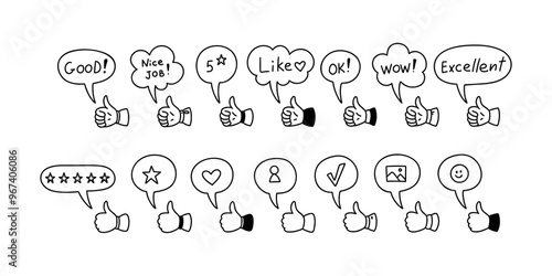 Positive expressions speech bubbles. Thumb up cute line doodle icon. Nice job, excellent, five star rate, wow, ok, like text. Social media post evaluation. Followers emotions