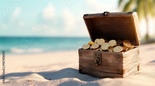 Treasure chest filled with gold coins on a sandy beach, evoking adventure and discovery under a sunny sky.