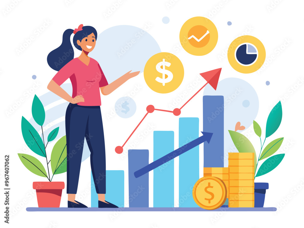 Businessman and Woman standing and draw line diagram illustration. Business growth with bar chart Businessman and Woman standing and draw line diagram illustration. Business growth with bar chart