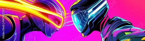 A sleek superhero wearing AI-powered armor, battling a holographic foe, vibrant neon energy emanating from their suit, modern comic style, bright color contrasts, ink and digital