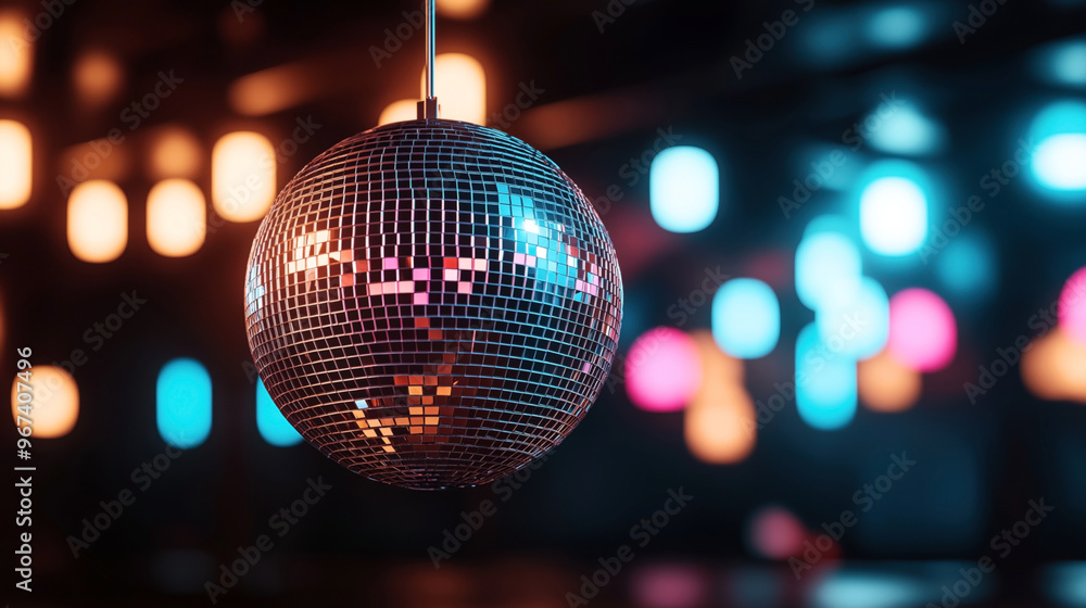 Obraz premium Close-up of a shining disco ball hanging in a vibrant club environment with colorful blurred lights in the background creating a festive and lively ambiance.