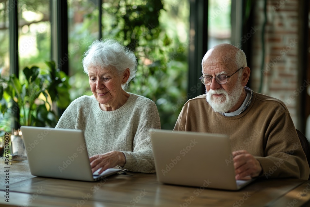 Elderly couple in a tech workshop, both using laptops to learn about online resources for health and wellness Elderly couple in a tech workshop, both using laptops to learn about online resources for health and wellness