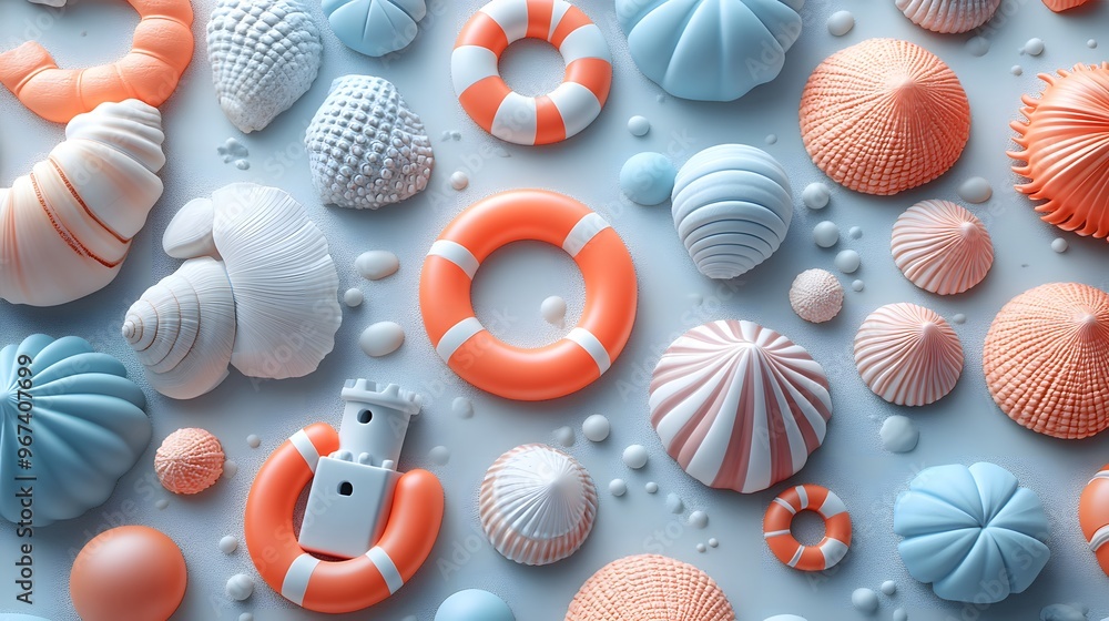 collection of beach motifs such as sandcastles, seashells, and lifebuoys, placed in a minimalistic pattern on a blank white screen. 3D illustration technique creates a charming, cute style collection of beach motifs such as sandcastles, seashells, and lifebuoys, placed in a minimalistic pattern on a blank white screen. 3D illustration technique creates a charming, cute style