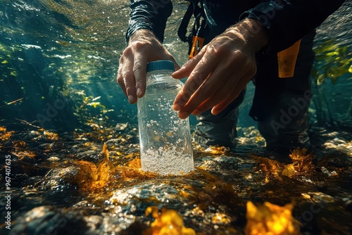 underwater closeup of hands operating benthic grab sampler murky river water sunlight filtering through scientific equipment aquatic research scene