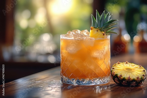 Cocktail Algonquin light yellow colored placed on the right side of the table with a pineapple slice on the table. Blurred bar with sunlight in the background. photo