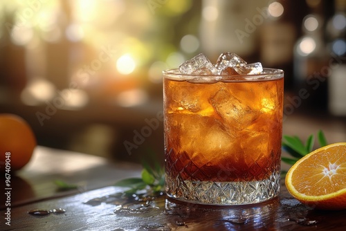 Cocktail Anejo Highball deep amber colored placed on the right side of the table with an orange slice on the table. Blurred bar with sunlight in the background. photo