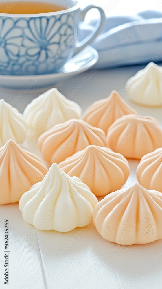 Colorful meringue rolls sit elegantly on a wooden table beside a tea set, creating a charming pastel atmosphere perfect for afternoon tea or dessert gatherings Colorful meringue rolls sit elegantly on a wooden table beside a tea set, creating a charming pastel atmosphere perfect for afternoon tea or dessert gatherings