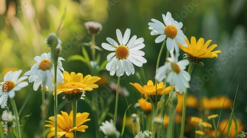 Close up of white daisies and yellow flowers on a green backdrop