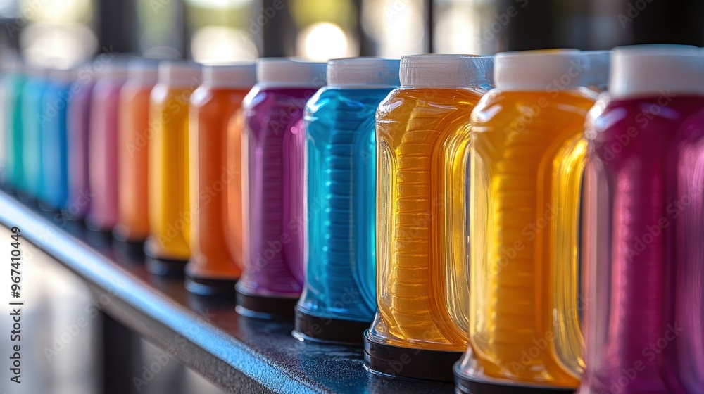 Colorful Jars of Liquid on Shelf Colorful Jars of Liquid on Shelf