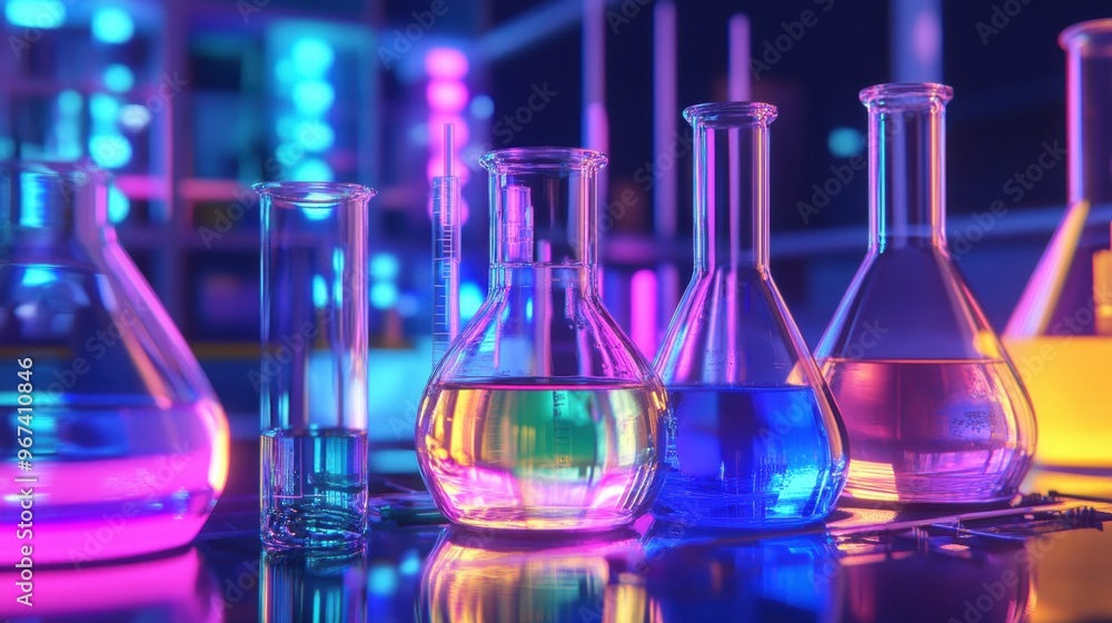 Luxurious colorful lab glassware with neon lights reflecting off scientific tools, creating a futuristic and high-tech feel. Luxurious colorful lab glassware with neon lights reflecting off scientific tools, creating a futuristic and high-tech feel.