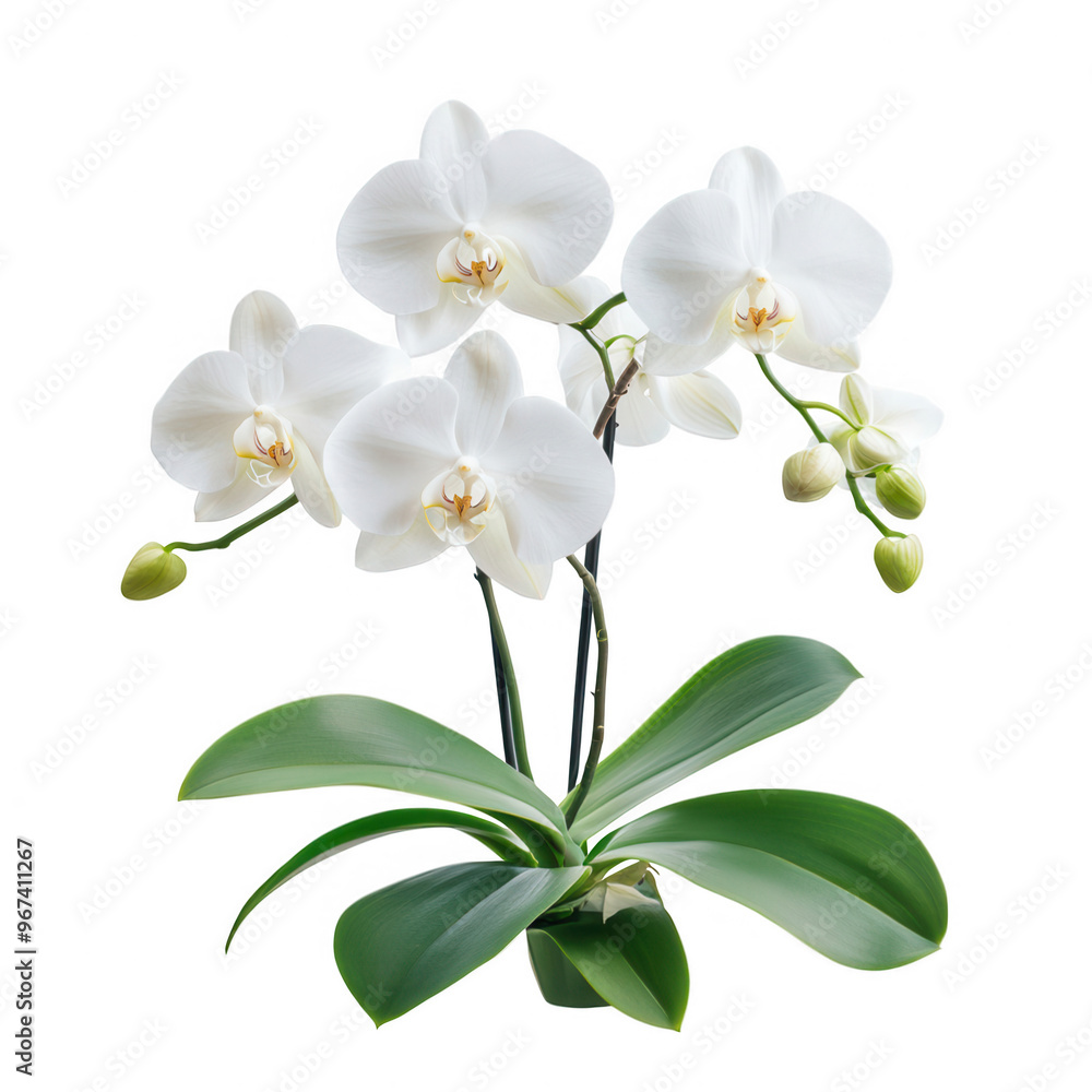 Obraz premium A cluster of elegant white orchids with green leaves, symbolizing beauty and grace.
