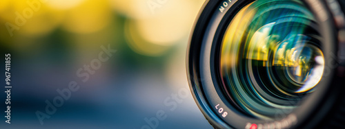 Macro shot of a colorful camera lens with blurred background, representing focus, creativity, and precision in photography and visual arts photo