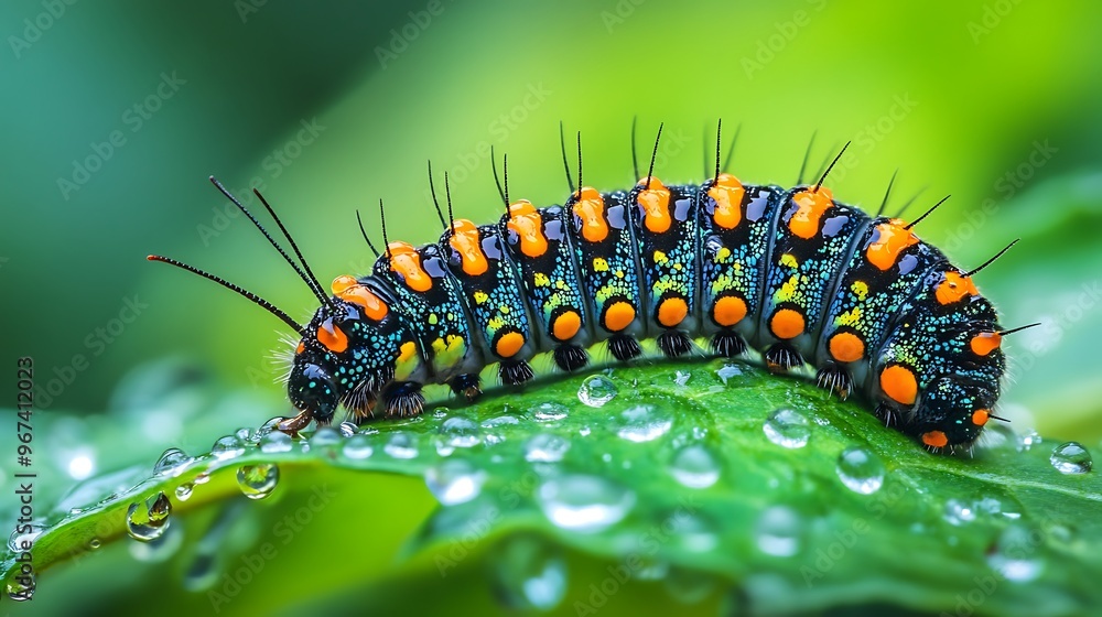 A close-up of a vibrant caterpillar resting on a dew-covered green leaf, its intricate patterns and bold colors standing out against the soft focus of a natural background A close-up of a vibrant caterpillar resting on a dew-covered green leaf, its intricate patterns and bold colors standing out against the soft focus of a natural background