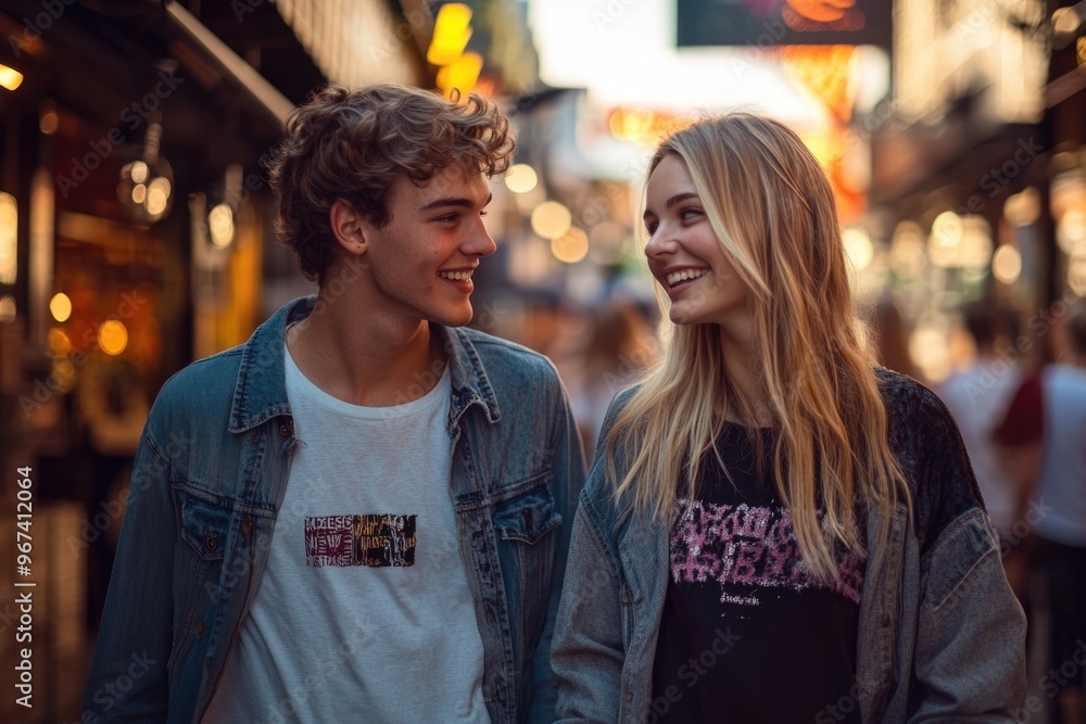 High-resolution brightly lit photorealistic candid photograph of a young couple strolling through a trendy city street, their stylish clothing and happy expressions creating a bright, lively scene.