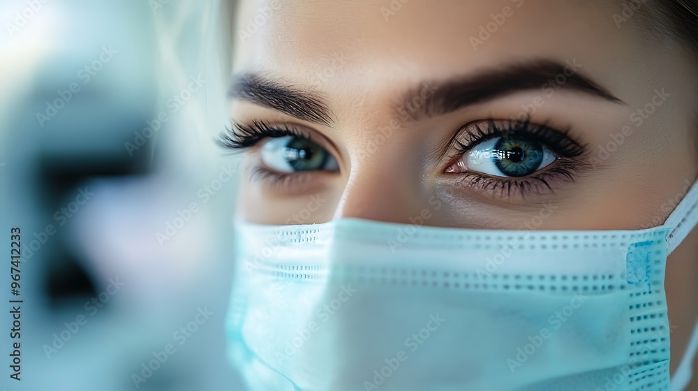 A close-up shot of a female healthcare worker wearing a surgical mask, her eyes showing determination and focus, with medical equipment blurred in the background A close-up shot of a female healthcare worker wearing a surgical mask, her eyes showing determination and focus, with medical equipment blurred in the background