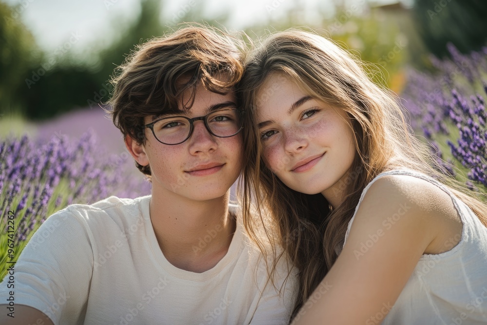 High-resolution brightly lit photorealistic candid photograph of a young couple sitting together, enjoying the beauty of a lavender field, their expressions serene. The scene is styled like a premium High-resolution brightly lit photorealistic candid photograph of a young couple sitting together, enjoying the beauty of a lavender field, their expressions serene. The scene is styled like a premium