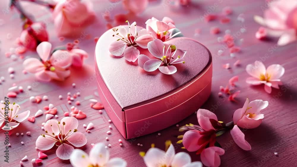Elegant heart-shaped box surrounded by pink flowers in a serene, romantic setting Elegant heart-shaped box surrounded by pink flowers in a serene, romantic setting