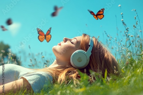 A serene woman enjoys the beauty of nature while listening to music. Butterflies flutter around her, creating a peaceful atmosphere. Relaxation in the sun. Generative AI photo