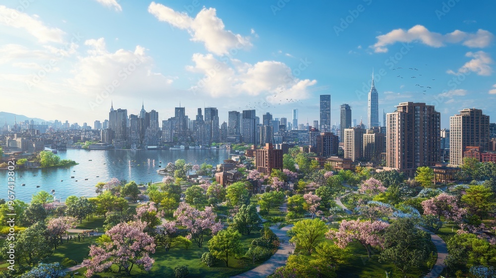 Fototapeta premium Scenic wide-angle city view with a clear sky, crisp air, and abundant nature, highlighting the harmony between urban living and the environment.