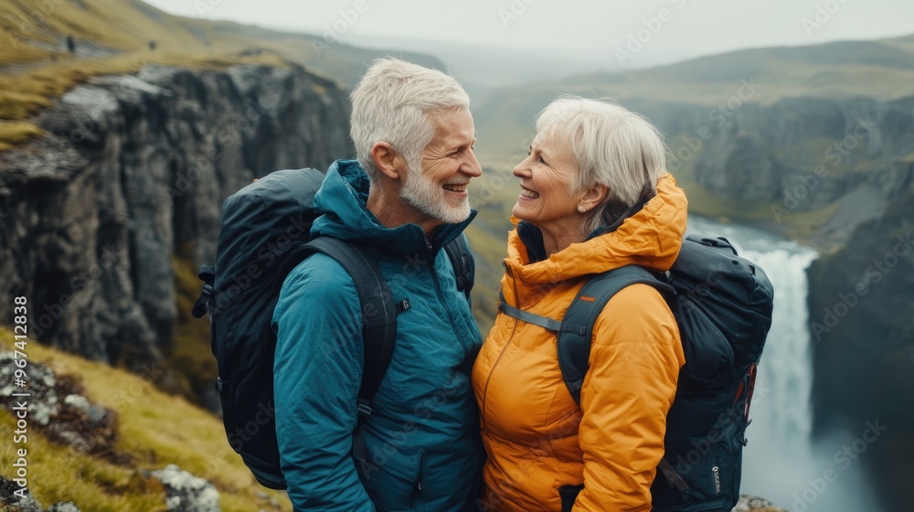 High-resolution brightly lit photorealistic candid photograph of a senior couple smiling at each other atop a mountain, wide waterfall in the distance. The photograph is styled like a high-end High-resolution brightly lit photorealistic candid photograph of a senior couple smiling at each other atop a mountain, wide waterfall in the distance. The photograph is styled like a high-end