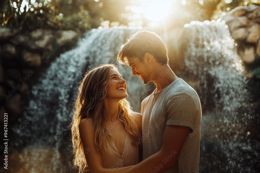 High-resolution brightly lit photorealistic candid photograph of a young couple standing in front of a waterfall, the sun illuminating their happy faces. The scene exudes a light and joyful High-resolution brightly lit photorealistic candid photograph of a young couple standing in front of a waterfall, the sun illuminating their happy faces. The scene exudes a light and joyful