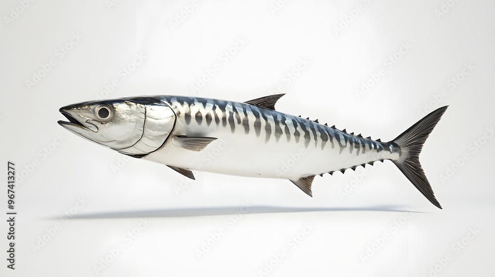 30. **A 3D render of a whole mackerel falling, its shiny scales and sleek body set against a pure white backdrop 30. **A 3D render of a whole mackerel falling, its shiny scales and sleek body set against a pure white backdrop