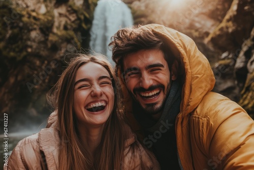 High-resolution brightly lit photorealistic candid photograph of a young couple laughing as they enjoy the scenic beauty of a waterfall in the background. The image radiates happiness, styled like a