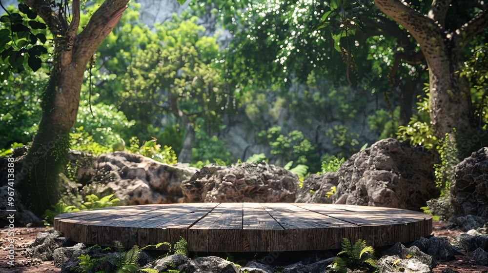 Obraz premium Wooden circular podium in lush tropical forest setting for product showcase with green backdrop