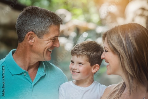 High-resolution brightly lit photorealistic candid photograph of a father, mother, and son smiling at each other while standing in front of a zoo exhibit, with a soft, creamy bokeh background. The