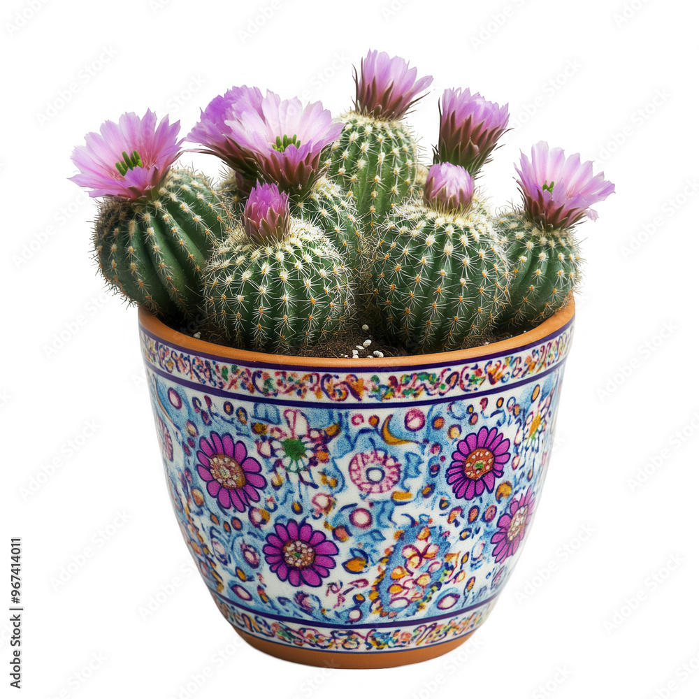 A colorful potted cactus with pink flowers, showcasing vibrant plant life. A colorful potted cactus with pink flowers, showcasing vibrant plant life.