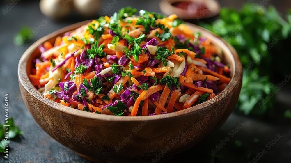 vibrant coleslaw salad with orange carrots and vibrant green parsley in a rustic wooden bowl placed on a weathered farmhouse table with soft natural lighting vibrant coleslaw salad with orange carrots and vibrant green parsley in a rustic wooden bowl placed on a weathered farmhouse table with soft natural lighting