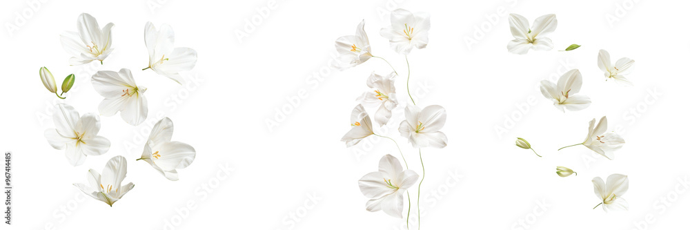 Delicate white flowers on a green stem isolated on white background. Ideal for floral, nature, and botanical themed designs. Delicate white flowers on a green stem isolated on white background. Ideal for floral, nature, and botanical themed designs.