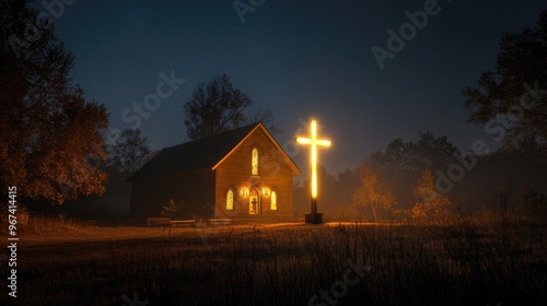 A church at night with a cross illuminated by a divine light from behind, creating a scene of miraculous wonder.