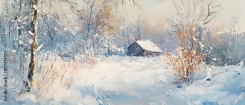 Fototapeta Naklejka Na Ścianę i Meble -  Winter landscape depicted in an oil painting featuring seasonal scenery