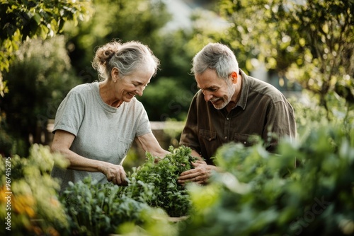 Wallpaper Mural High-resolution brightly lit photorealistic candid photograph of a happiness senior couple enjoying a peaceful afternoon in their backyard, tending to their garden together. The photograph is styled Torontodigital.ca