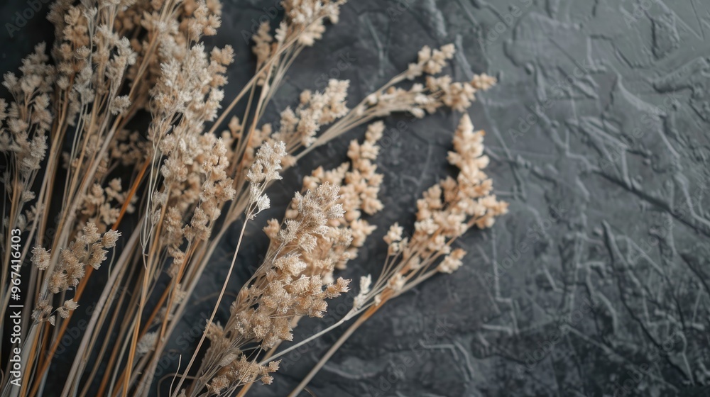 Fototapeta premium Close up view of dry spikelets pattern on dark gray background Floral card design