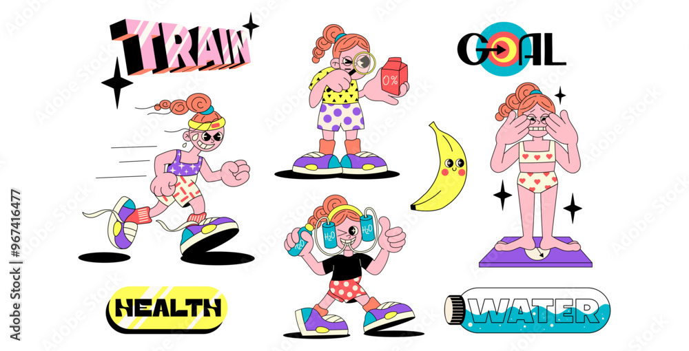 Fototapeta premium Retro cartoon characters and elements of fitness training concept. Vector flat illusyration in style with active workout woman in sportswear. Good habits, healthy lifestyle