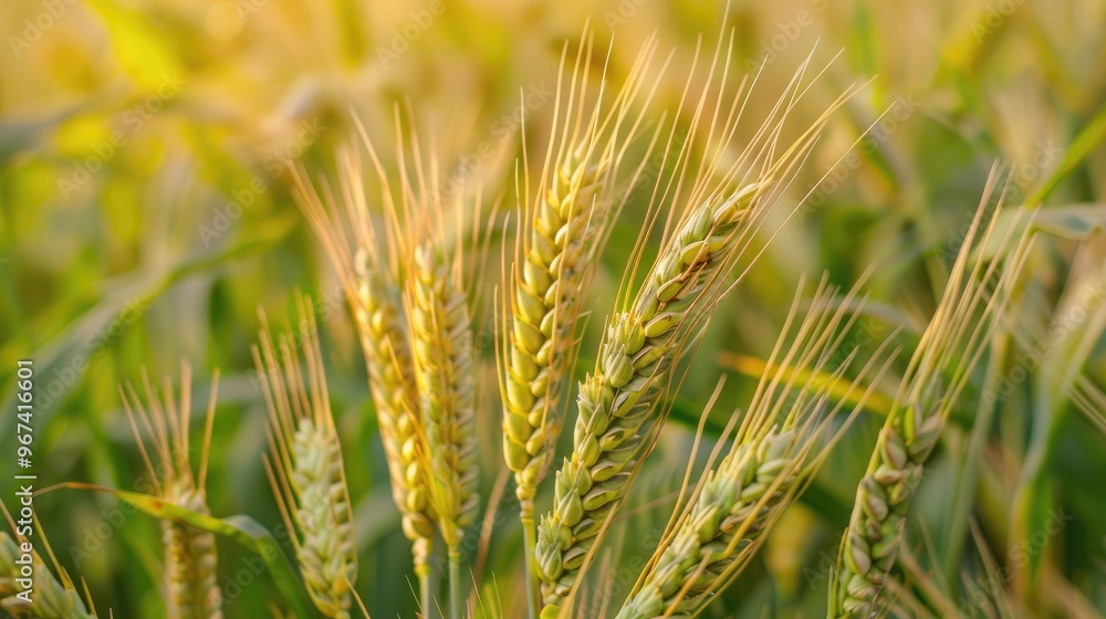 Close up view of growing wheat barley and rye with green ears in the field