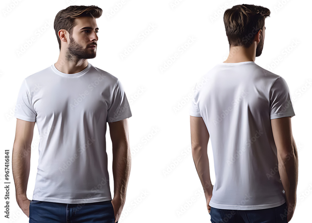 A male model in a white blank t-shirt, showing both front and back views in a split-screen format, perfect for apparel design presentations A male model in a white blank t-shirt, showing both front and back views in a split-screen format, perfect for apparel design presentations