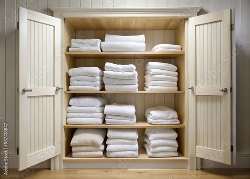 A peaceful white wooden airing cupboard stands benignly, its shelves stacked high with soft, white towels, radiating warmth and serenity in the quiet morning light.