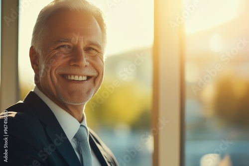 High-resolution brightly lit photorealistic candid photograph of a senior businessman radiating happiness in a high-end lifestyle magazine style. The light, bright atmosphere amplifies his joy.