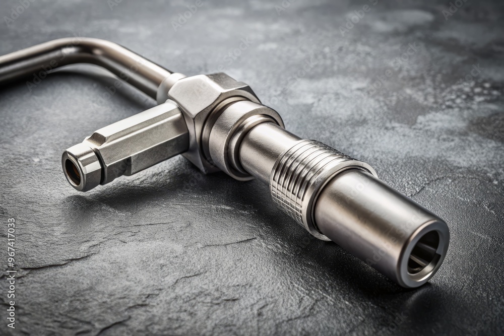 Silver cylindrical gas nozzle with textured grip and valve terminal, situated on a grey concrete background with a subtle gradient and ambient light. Silver cylindrical gas nozzle with textured grip and valve terminal, situated on a grey concrete background with a subtle gradient and ambient light.